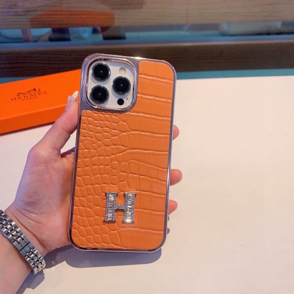 HERMES crocodile pattern H orange phone case